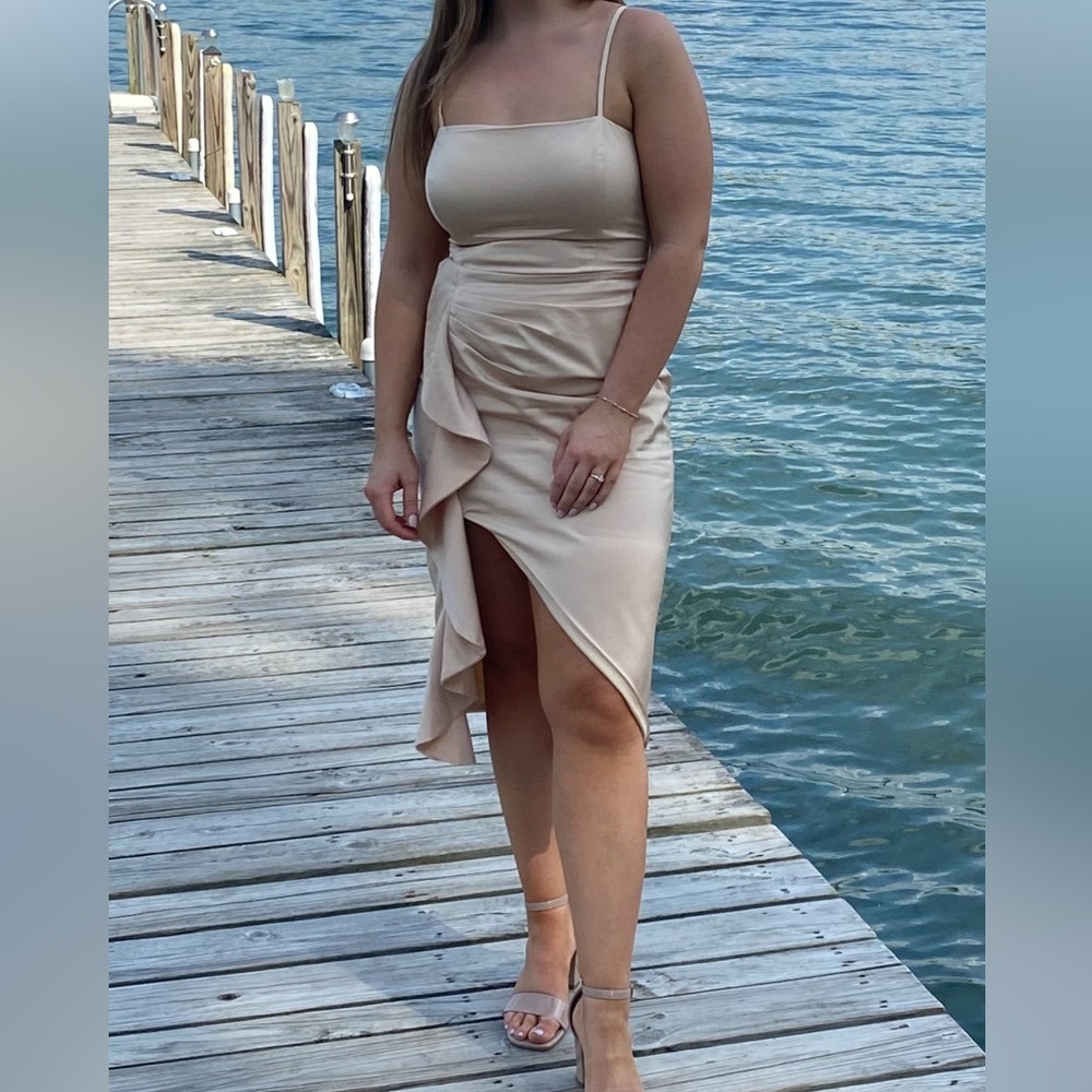 Women's Beige Satin Ruffle Slip Dress with Spaghetti Straps